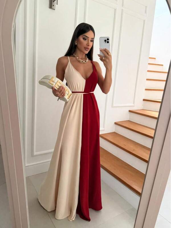 Vestido Duna Bicolor Longo Forrado Com Alça Verão