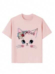 Tween Girls Casual Graphic Print Crew Neck Short Sleeve T-Shirt, Summer Tops
