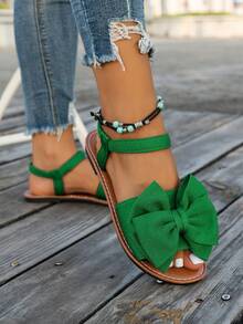 Women's Cute Bow Flat Sandals Women's Elegant Leopard Print Open Toe Sandals Women's Casual Outdoor Beach Sandals - Green - View 4