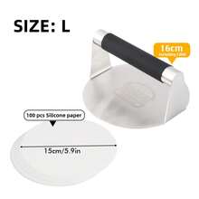 1 套不锈钢 14 厘米/16 厘米直径圆形汉堡肉饼压榨机，含 100 张烘焙纸，不粘汉堡肉压榨机，烧烤工具，便捷厨房小工具，易于清洁