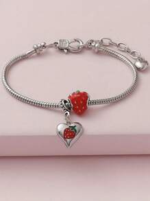 1pc Sweet Cute Simulated Oil Painting Heart-Shaped Strawberry Fruit Bracelet, Suitable For Daily Wear, Dating, Vacation And Casual Outfits