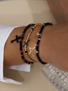 3pcs/Set Star Cross Bead Bracelets Suit For Women, Everyday Wear