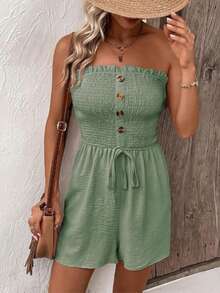 女士纯色抹胸连体裤，夏季时尚 - 青色 - 查看 2