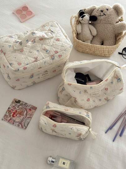 1 件套可爱图案和蝴蝶结印花大容量化妆包多功能化妆品收纳钱包袋便携式化妆品刷收纳包带拉链封口可放置口红、刷子、护肤品、手机、硬币