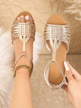 Sandalias planas de mujer con tira en T, tira de tobillo, diseño trenzado, puntera abierta, estilo romano cómodo y fácil de poner, adecuadas para vacaciones y uso al aire libre, suela antideslizante, color dorado