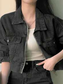 2025新款时尚休闲百搭短款牛仔两件套 - 黑色 - 查看 4