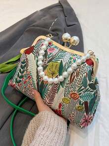 A Niche Design, High-Quality, Daily Versatile Handbag, Decorated With Pearl Chains, A Stylish And Elegant Crossbody Bag With A High Appearance Value, A Retro Floral Embroidered Clip Bag, Suitable For Commuting To Work, Dating, Gatherings And Gifts - 彩色 - 查看 13