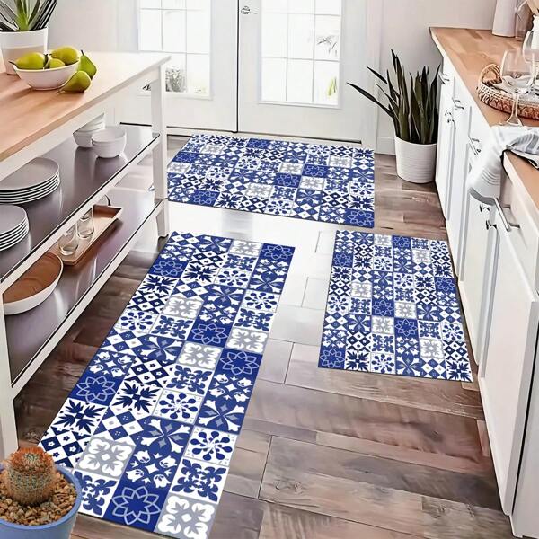 1pc Bohemian Square Pattern Printed Anti-Slip Silica Gel Kitchen Mat, 3D Printed Rectangular Carpet For Living Room, Bedroom, Hallway, Bathroom, Laundry Room - Polyester Rug For Indoor And Outdoor Home Decor