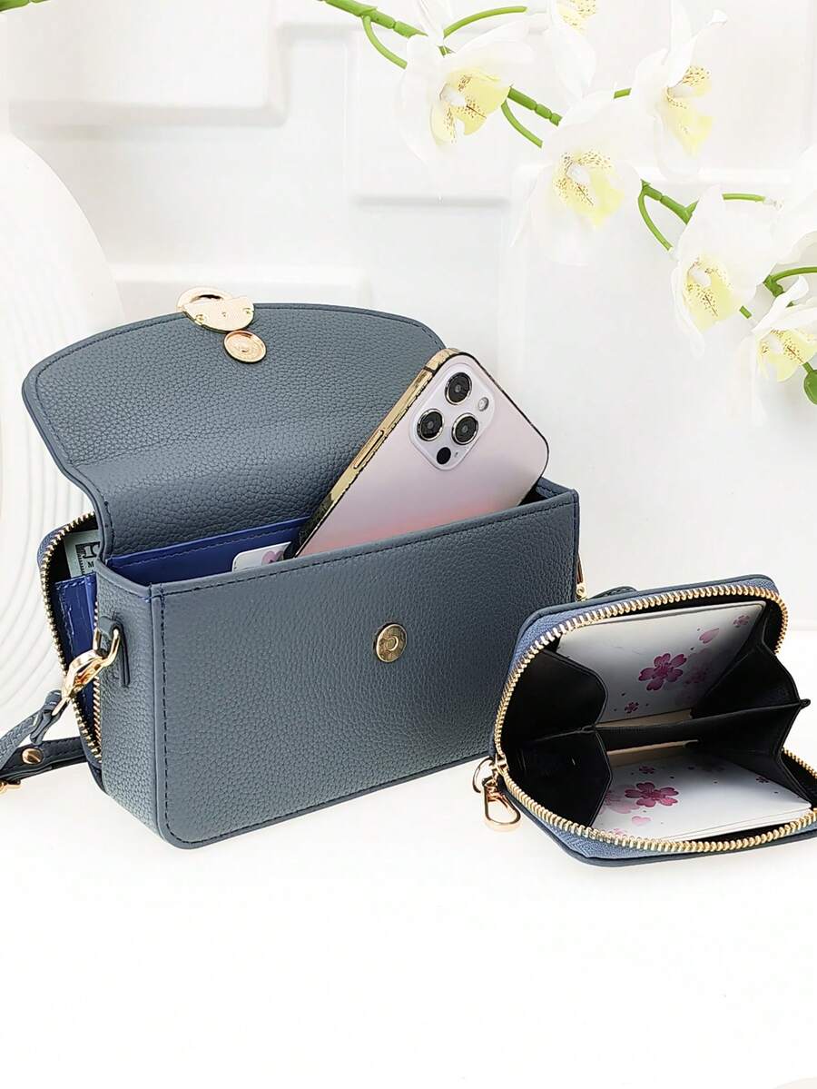 Mini Messenger Mobile Phone Wallet High Quality Soft PU Fashion Flip Phone Wallet Zipper Multi-Function Large Capacity Mobile Wallet Two Pieces Mobile Phone Wallet Big Capacity Card Holder For Women Wallet Purse Wallet - Blue - View 1