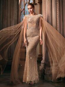 Women Elegant Champagne Beaded Sequin Mermaid Formal Evening Gowns Spring Summer Mermaid Cocktail Party Wedding Guest Maxi Dresses Gala Banquet Dinner - Champagne - View 4