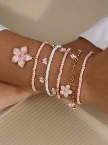 5pcs Set Cute Butterfly Floral Beaded Bracelets For Women, Everyday Wear