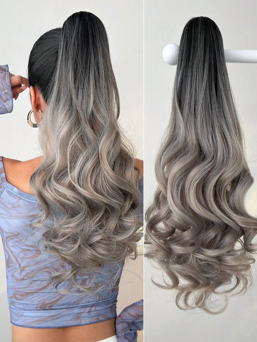 22 Inch Deep Brown Water Wave Curly Clip-In Ponytail Hair Extensions, Soft & Natural, Synthetic Hair, For Women