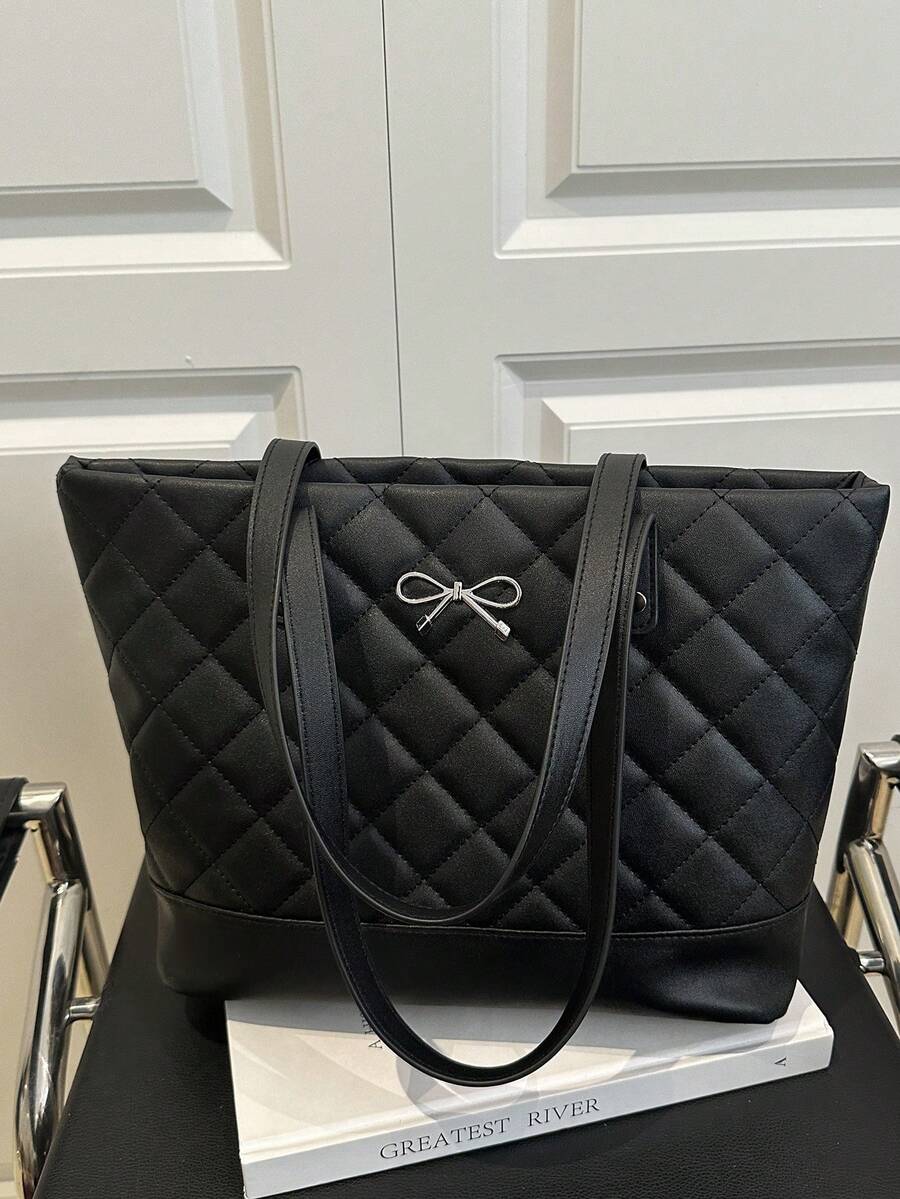 Large Capacity Rhombus Pattern Solid Color Bow Handbag, Casual Simple Fashion Tote Bag, 2025 New Arrival, Fashionable Bow Purse For Women - Black - View 1