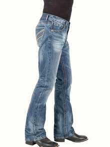 Men's Retro Flare Jeans, Embroidered, Fashion, Casual