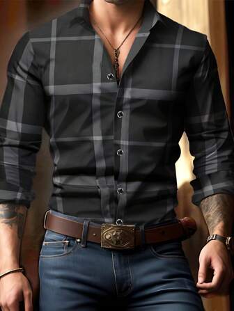 Camisa a cuadros negra casual/de fiesta/urbana/de oficina/formal para hombre, con patrón de cuadros de rayas, de un solo pecho plateado, con botón en el cuello, lavado duradero, corte slim, para otoño, manga larga