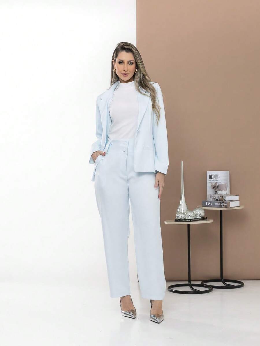 Women's Blazer And Tailored Pants Set - Baby Blue - View 1