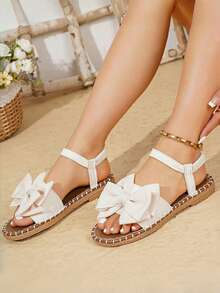 女童时尚平底凉鞋，带蝴蝶结趾环，适合夏季、沙滩 - 米色 - 查看 2