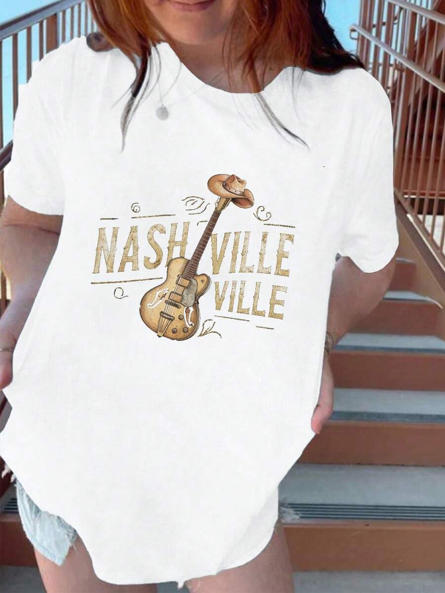 Guitar Nashville Pure Cotton Women's Fashion T-Shirt - 白色 - 查看 1