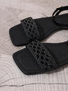 Women's Flat Sandals, Ankle Strap Slip-On Black Mules, Linen Elegant Casual Shoes, Summer Flat Sandals, Strappy Mules,Weave Slides,Suitable For Vacation And Beach Fun