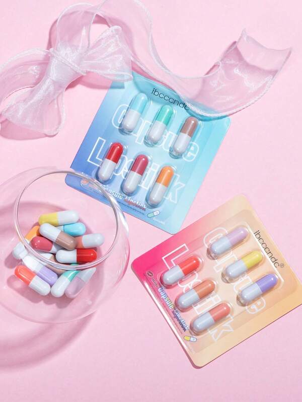 Ibcccndc 6pcs/Set Mini Cute Capsule Lipstick Set With Lip Balm Moisturizing Waterproof Non-Stick Cup Carry Pill Lipstick Lips Makeup Gift