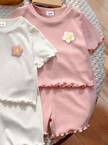 Set da 6 pezzi per neonata, nuova collezione estate, Maglietta a maniche corte con arricciatura ai polsi, motivo floreale ricamato, girocollo, pantaloncini corti, in tinta unita, stile casual di moda