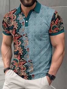 Men's Casual Business Floral Print Short Sleeve Polo Shirt - Multicolor - View 1