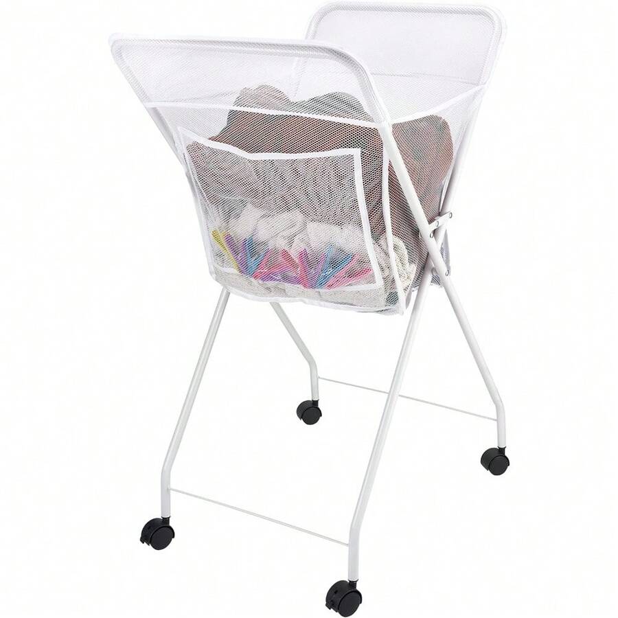 Laundry Basket On Wheels - Lightweight Foldable Washing Trolley - Space Saving For Easy Storage - Holds Up To 14KG - Lockable Wheels - White - White - View 1