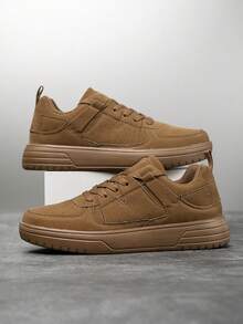 Men's Solid Color Splicing Casual Flat Platform Sneakers, Comfortable Lightweight Stylish Versatile Outdoor Leisure Sports Couple Shoes - Brown - View 2