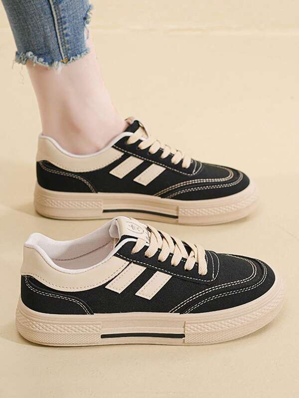 Women's Preppy Canvas Sneakers, Black Flat Shoes, Breathable & Comfortable, Suitable For Spring And Summer