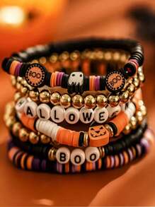 7pcs/Set New Halloween Themed Party Spooky Retro Pumpkin Polymer Clay Beaded Bracelet Set
