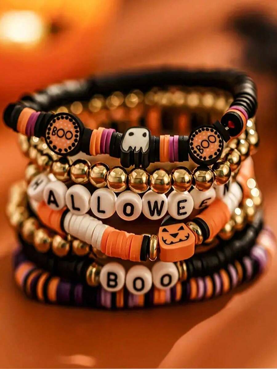 7pcs/Set New Halloween Themed Party Spooky Retro Pumpkin Polymer Clay Beaded Bracelet Set