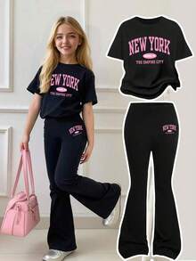 Tween Girls Letter Print Short Sleeve Tee & Fitted Flare Pants Sets