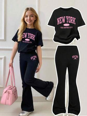 Tween Girls Letter Print Short Sleeve Tee & Fitted Flare Pants Sets