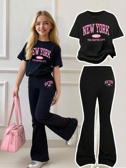 Tween Girls Letter Print Short Sleeve Tee & Fitted Flare Pants Sets