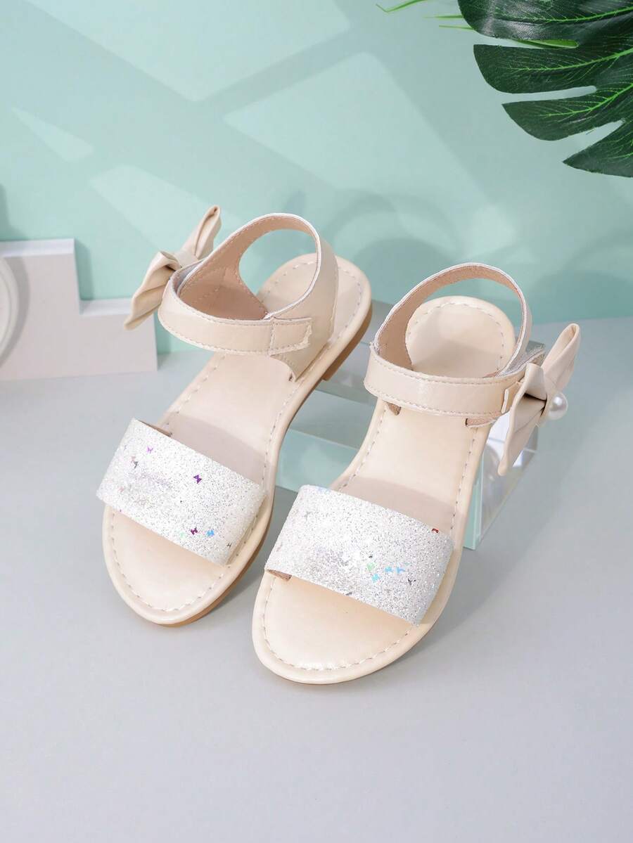 1 Paar kuschelige Pixies Gold Schleifenverzierte süße Prinzessinnenstil Flache Sandalen für Baby Mädchen & Kleinkinder für Frühling/Sommer