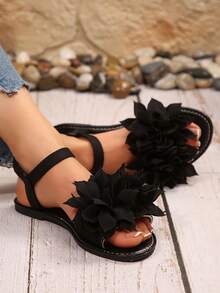 New Plus Size Women Comfy Simple Round Toe Elastic Band Lotus Decor Flat Sandals, Casual Fashion Open Toe Slip On Beach Summer Shoes - Black - View 3