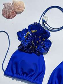 European & American Fashionable Women Summer Beach Solid Color Halter Tie Floral Decor Sexy Bikini Two Pieces Swimwear