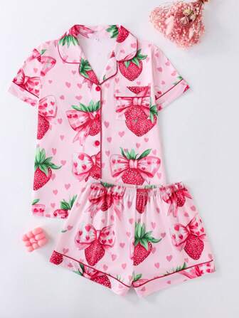 2pcs/Set Strawberry Bow Decorated Women Pajama Set, Includes Lapel Neck Button Up Short Sleeve Top And Elastic Waist Shorts, Elegant Ladies Sleepwear Loungewear
