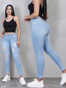 Dark Blue Skinny Pants With Push-Up Effect, Anatomical Fit, Ripped Design