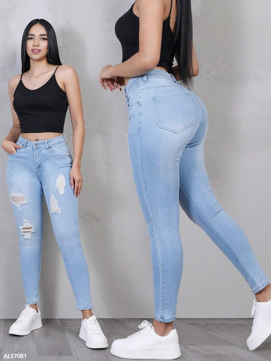 Dark Blue Skinny Pants With Push-Up Effect, Anatomical Fit, Ripped Design