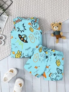 2 件套可爱时尚休闲男婴卡通熊字母图案无袖圆领 T 恤和短裤套装，春夏 - 藍色 - 查看 3