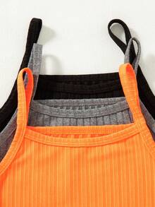 3pcs/Set Young Girls Fitted Casual Solid Ribbed Camisole Jumpsuit Outfit - Multicolor - View 5