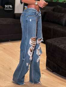 Women's Casual Versatile Sexy Ripped Straight Leg Jeans With Pockets - 中等水洗藍 - 查看 5