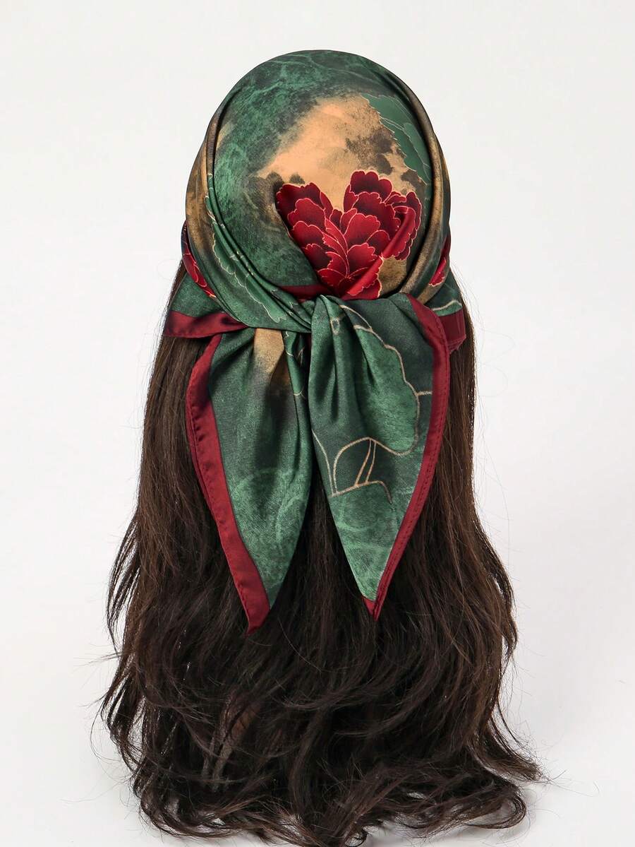 1 件女士优雅复古印花薄款缎面方形仿丝围巾，波西米亚风复古休闲女士围巾，披肩，轻薄舒适的女士头巾，适合春夏季日常穿着和外出