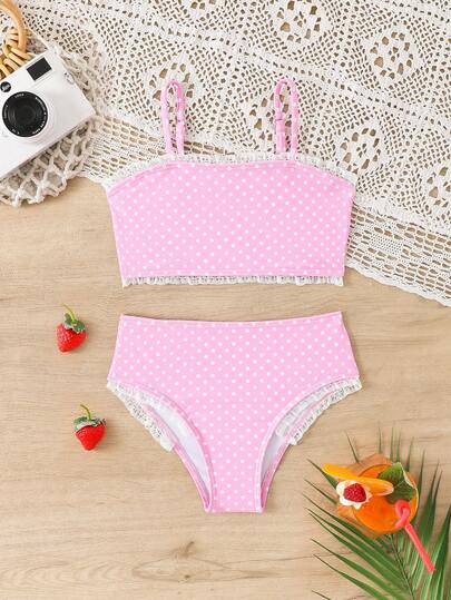 Bộ bikini chấm bi viền ren dành cho bé gái, thích hợp cho kỳ nghỉ thường ngày.