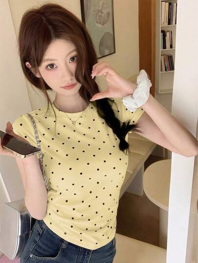 女式韩版圆领修身休闲短袖波点T恤，夏季