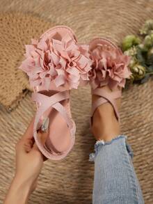 Nuevas sandalias planas de mujer de talla grande, cómodas y casuales, con puntera redonda, diseño cruzado elástico, decoración de loto, tipo slip-on, moda de ocio para vacaciones, playa y verano - Rosa - Ver 2