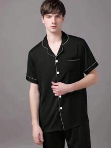 Plus Size Men's Summer Pajama Set - Casual V-Neck Short Sleeve Button-Up Top And Long Pants, Breathable Polyester, Machine Washable, Plus Size