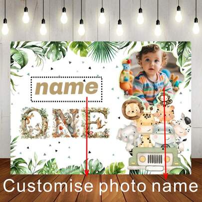 One Customizable Name Portrait Jungle Animal Happy Birthday Photography Backdrop, Cute Animal Palm Leaf Personalized Portrait And Name Design, Suitable For Birthday, Baby Party Scene Decoration, Party Banner.