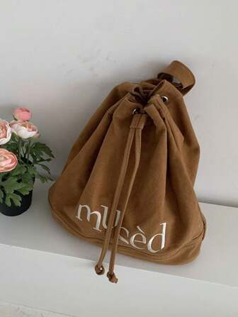 Canvas Embroidered Letter Drawstring Backpack, Travel & Vacation Rucksack